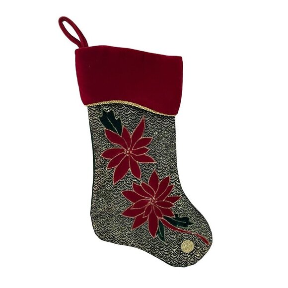 Christmas Stocking Velvet w/ sequins & Poinsettias Green Red Gold - Picture 1 of 4